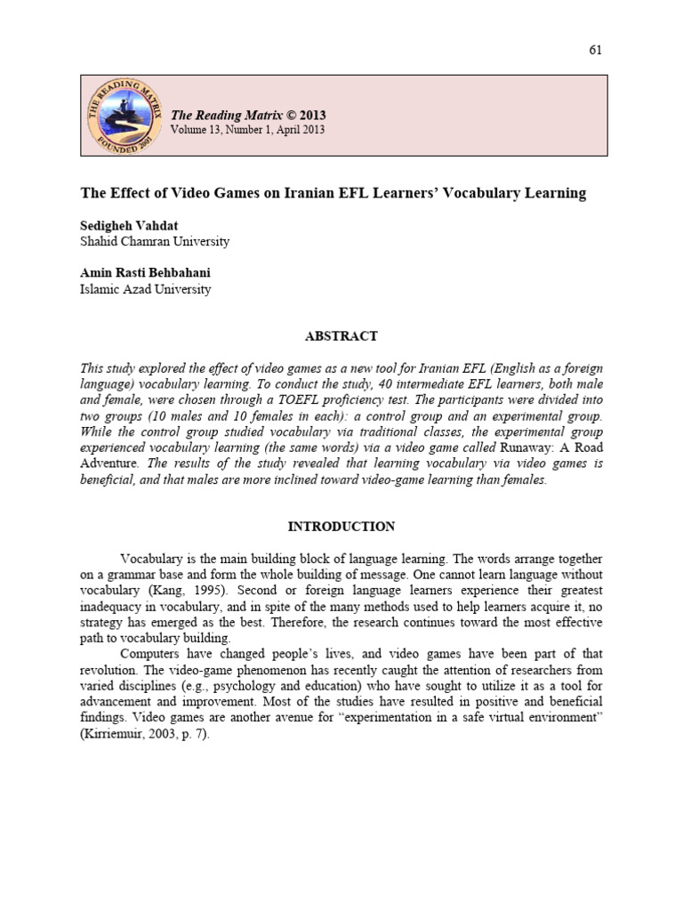 The Effect of Video Games On Iranian EFL | PDF | Vocabulary | Learning