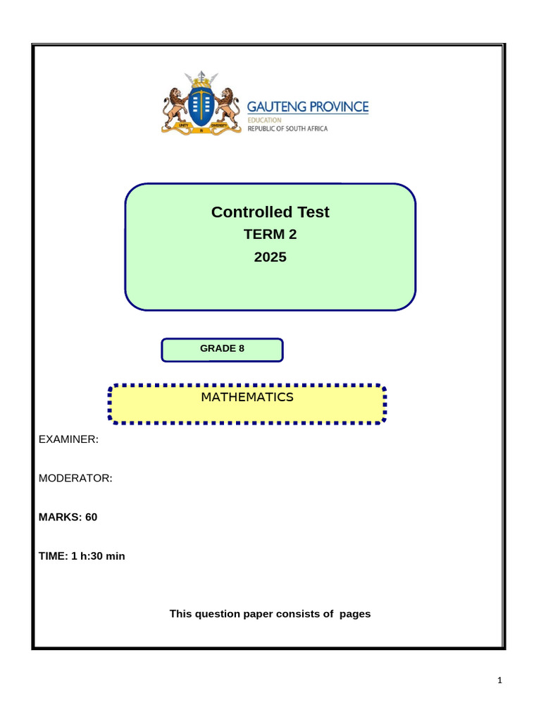 Controlled Test Term 2 Grade 8 2025 Template | PDF | Integer ...