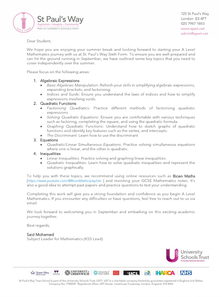 Letter For Prospective Mathematics Students | PDF | Quadratic Equation ...