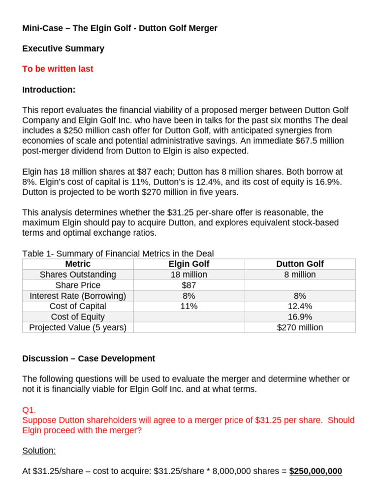 Mini-Case - Elgin-Dutton Merger | PDF | Net Present Value | Mergers And ...