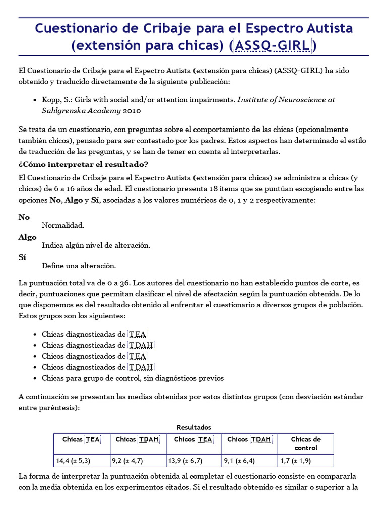 ASSQ G Cuestionario de Cribaje Para El Espectro Autista PADRES | PDF ...