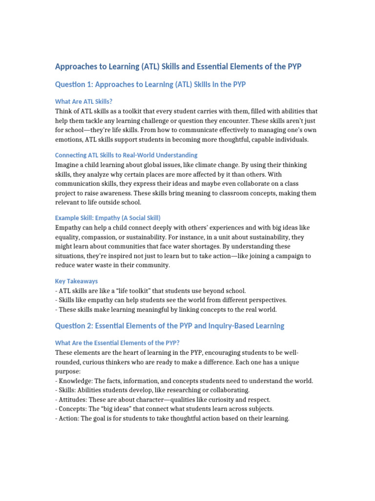ATL and PYP Essential Elements Text Only | PDF