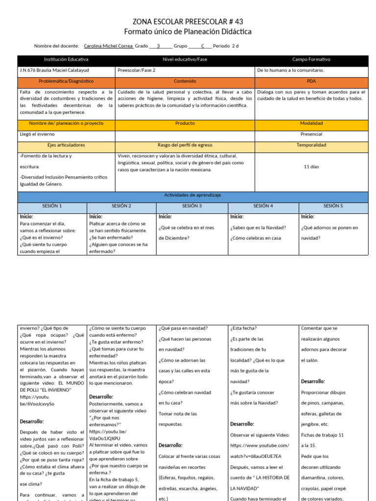 Formato Planeación Preescolar Zona 43 | PDF | Educación de la primera ...