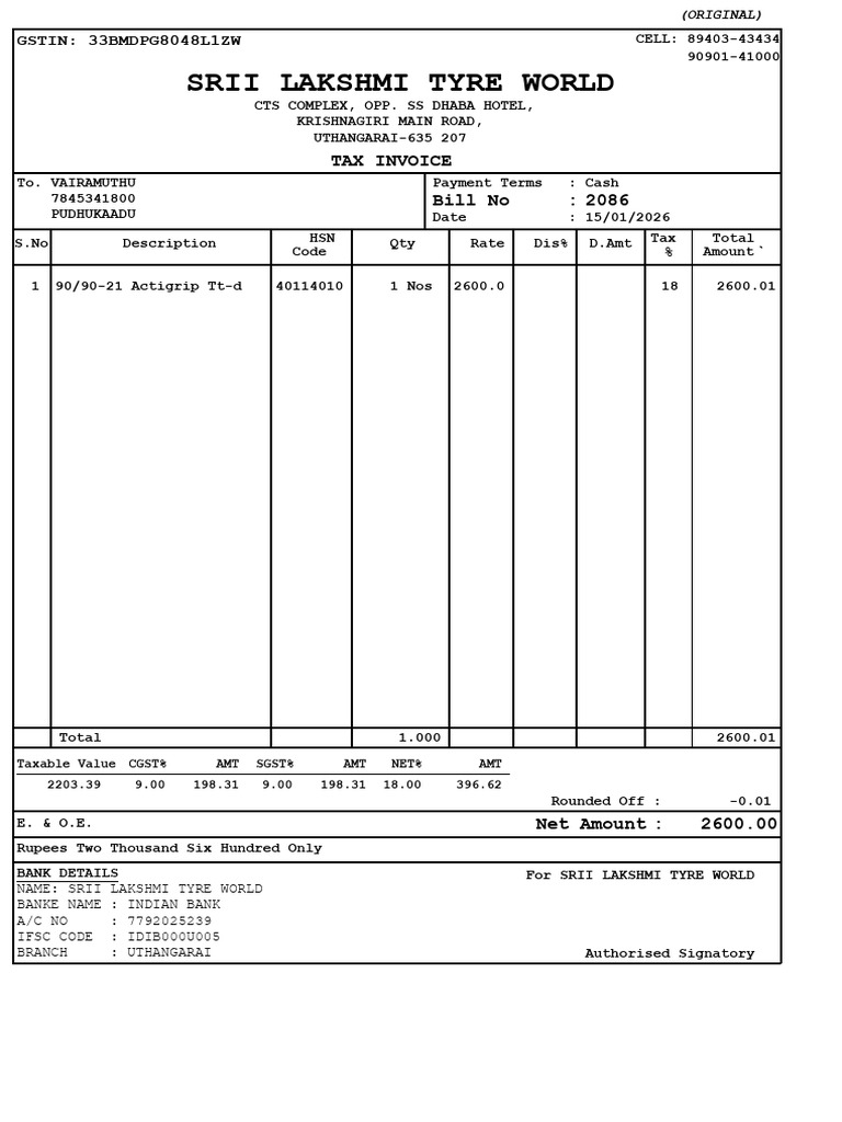 Srii Lakshmi Tyre World: Tax Invoice Bill No: 2086 | PDF