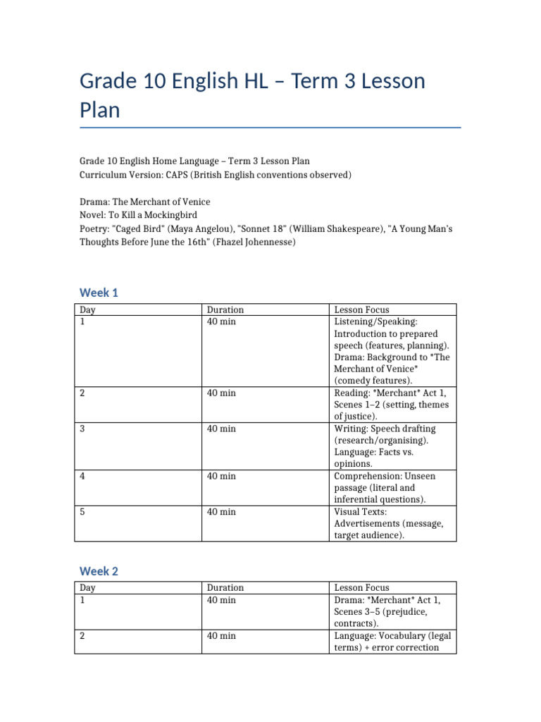 Grade10 English Term3 LessonPlan FULL | PDF | Reading Comprehension
