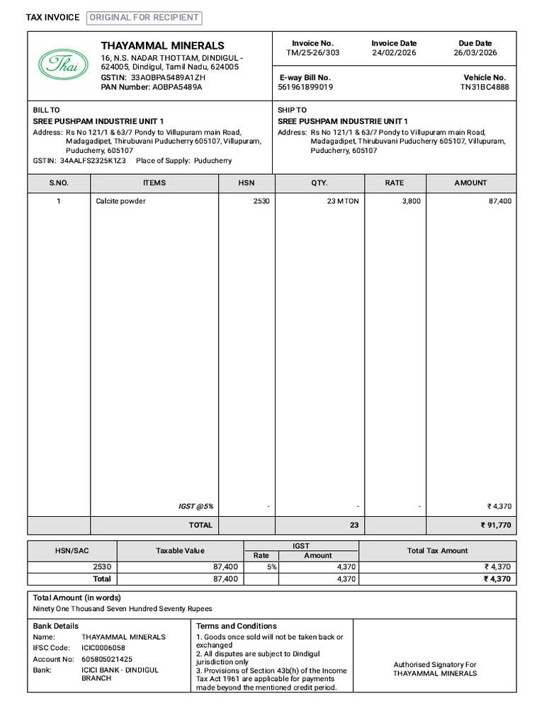 Tm 25-26-303-Sales Invoice-sree Pushpam Industrie Unit 1 | PDF | Taxes ...