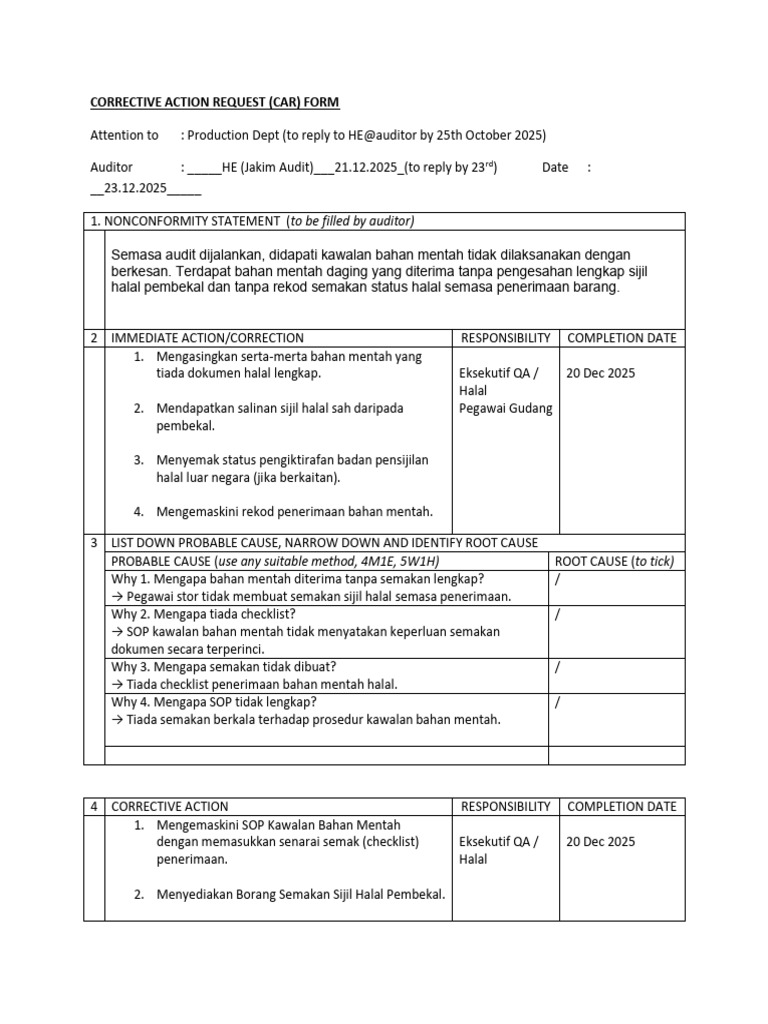 Corrective Action Request (Car) Form: To Be Filled by Auditor) | PDF
