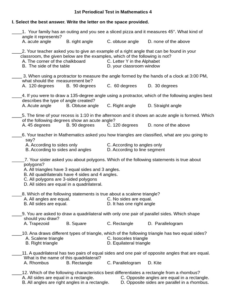 1st Periodical Test in Mathematics 4 | PDF | Rectangle | Geometry