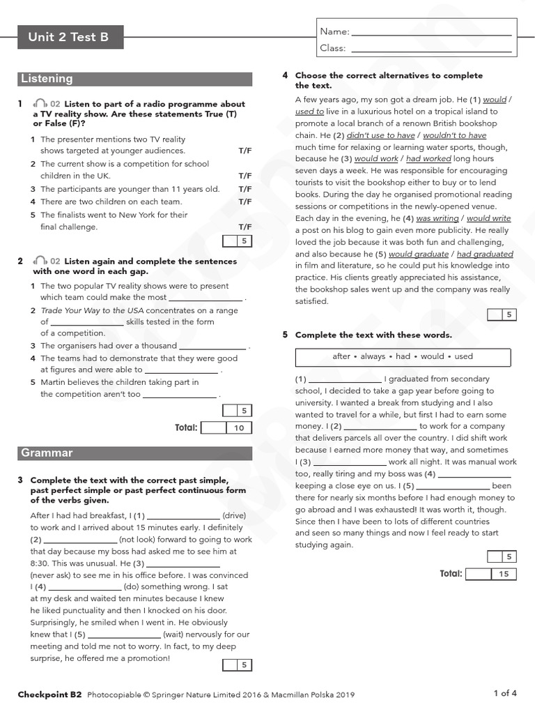 Checkpoint B2 Unit 2 Test B | PDF