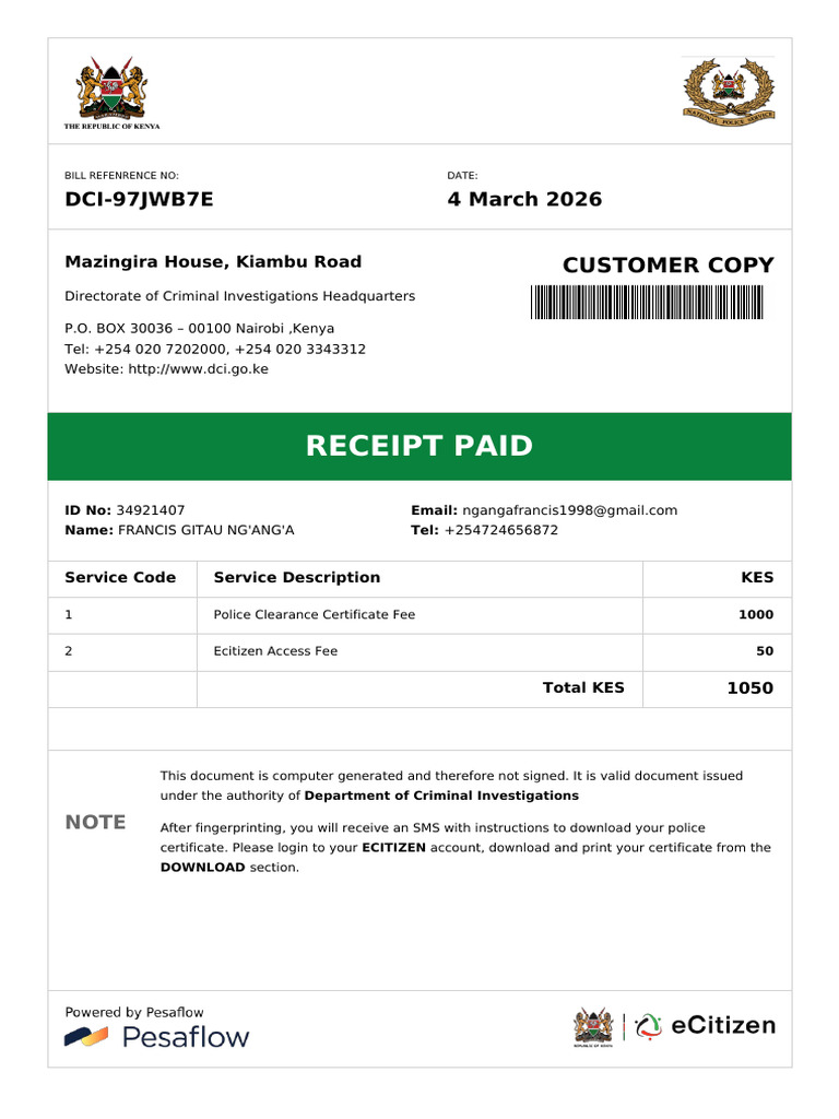 Pcc y5snrbmpw Dci Receipt | PDF