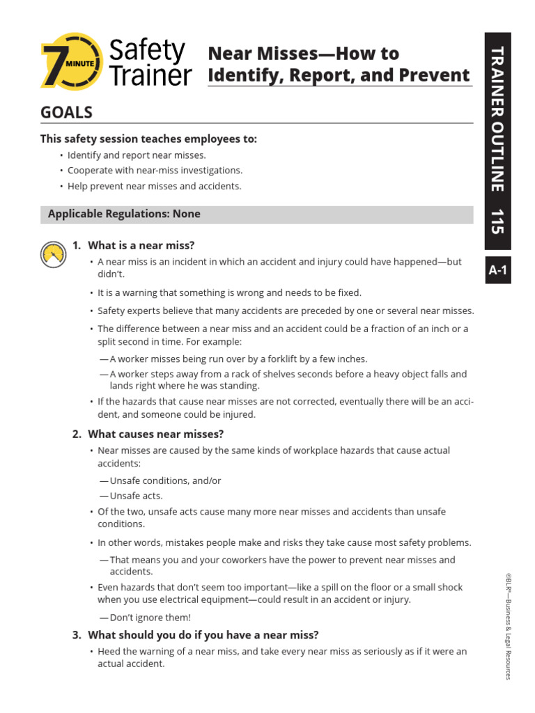 Near Misses How to Identify Report and Prevent Outline 7 Minute Safety ...