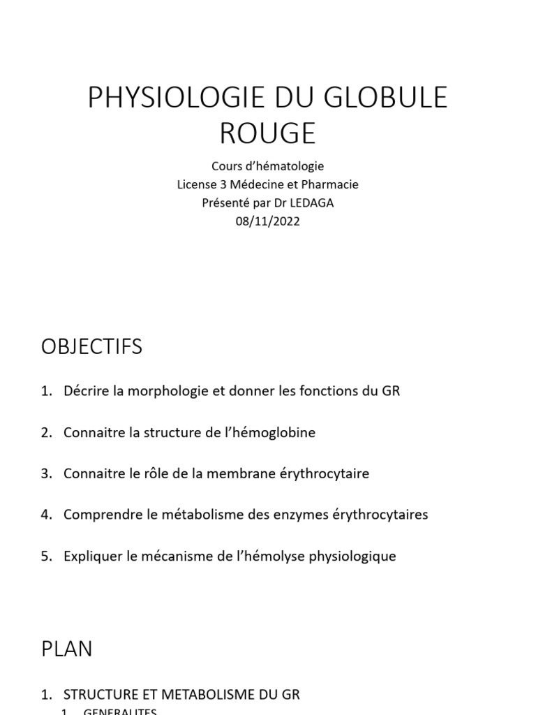 Chapitre 3 Physiologie Des Globules Rouges | PDF | Globule rouge ...