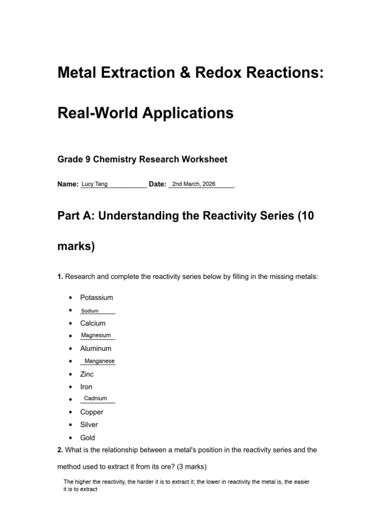 Metal Extraction & Redox Reactions Worksheet - Grade 9 | PDF | Redox ...