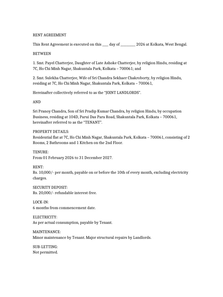 FINAL Rent Agreement Pranoy Chandra | PDF