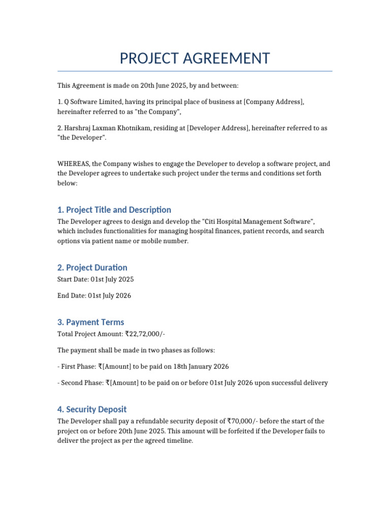 Project Agreement QSoftware | PDF