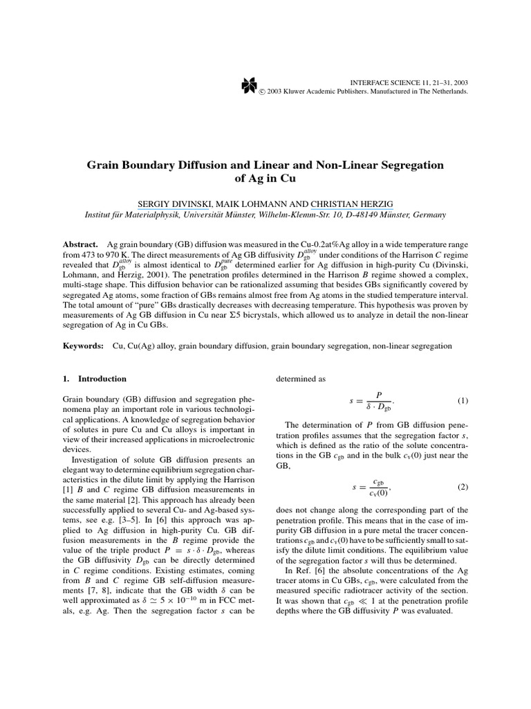 Grain Boundary Diffusion and Linear And | PDF | Diffusion | Crystallite
