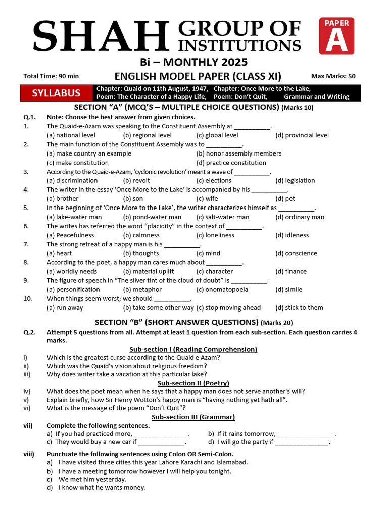 Xi English Bi - Monthly Model Paper | PDF | Climate Change | Climate