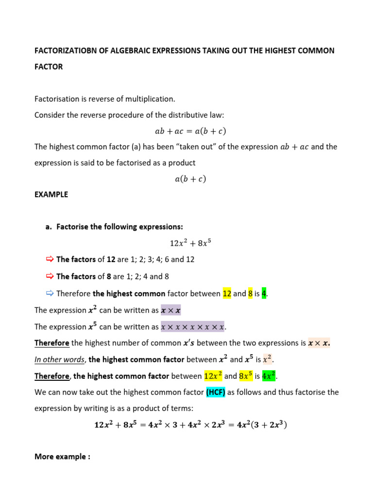 Factorizatiobn of Algebraic Expressions Taking Out The Highest Common ...