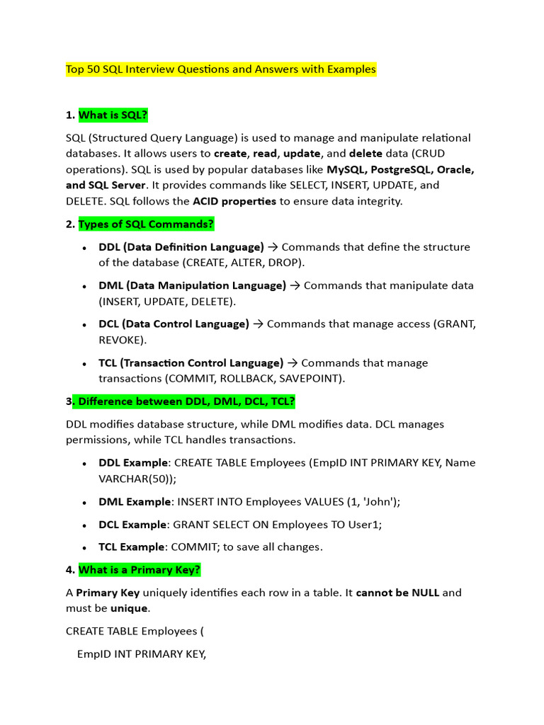 Top 50 SQL Interview Questions and Answers With Examples | PDF ...