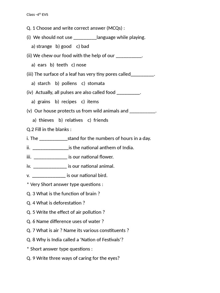 Class 4th EVS Final Exam | PDF
