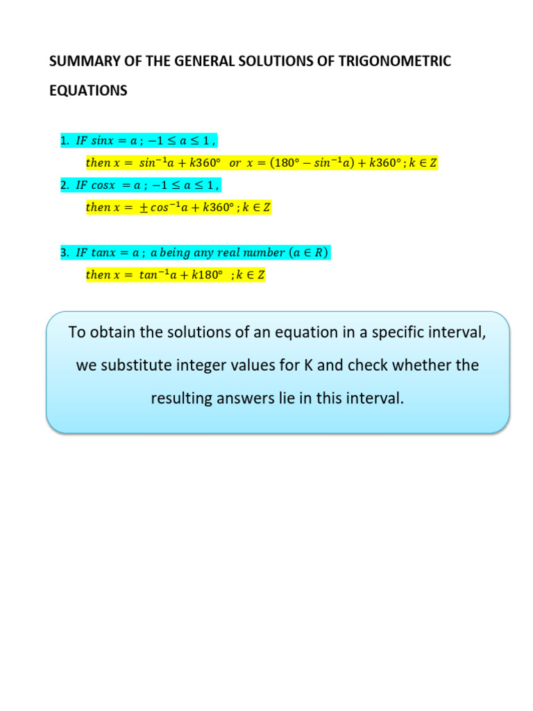 Summary of the General Solutions of Trigonometric Equations | PDF