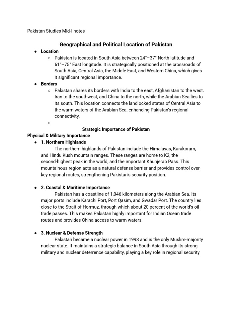 Pakistan Studies Mid-I Notes | PDF | Zulfikar Ali Bhutto | Pakistan