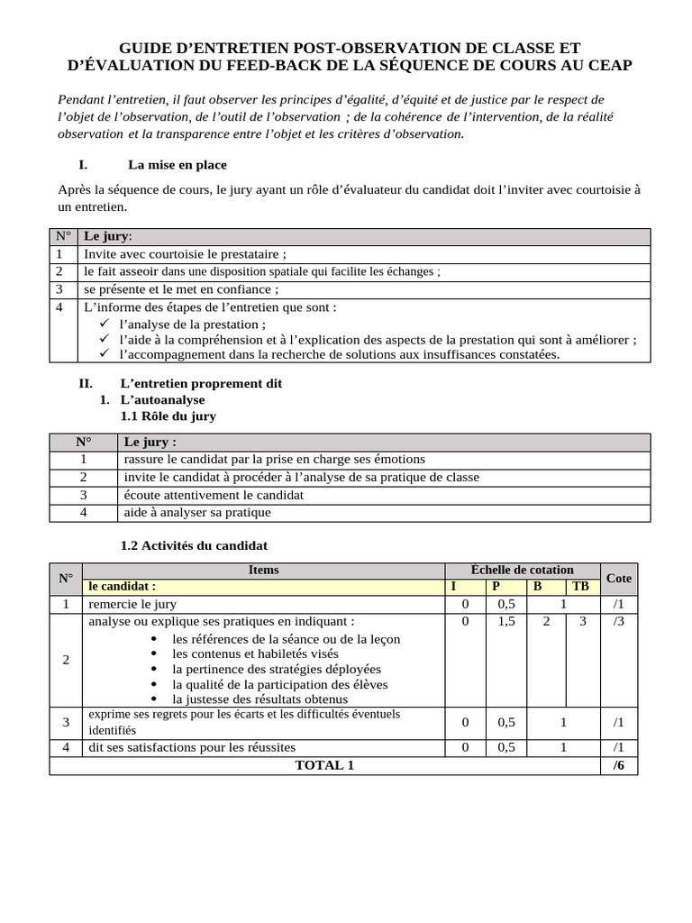 GRILLE D'EVALUATION DE L'ENTRETIEN POST OBSERVATION DE CLASSE Validé | PDF