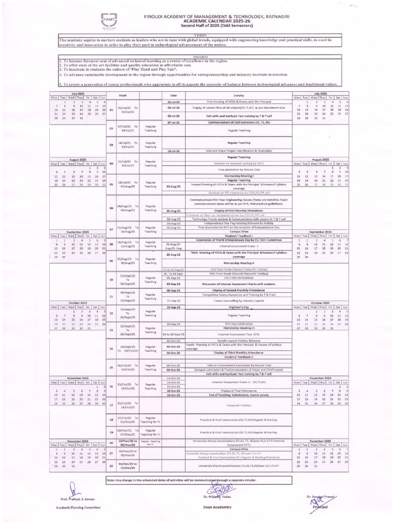 Academic Calendar 2025 26 Odd Semester SH2025 | PDF