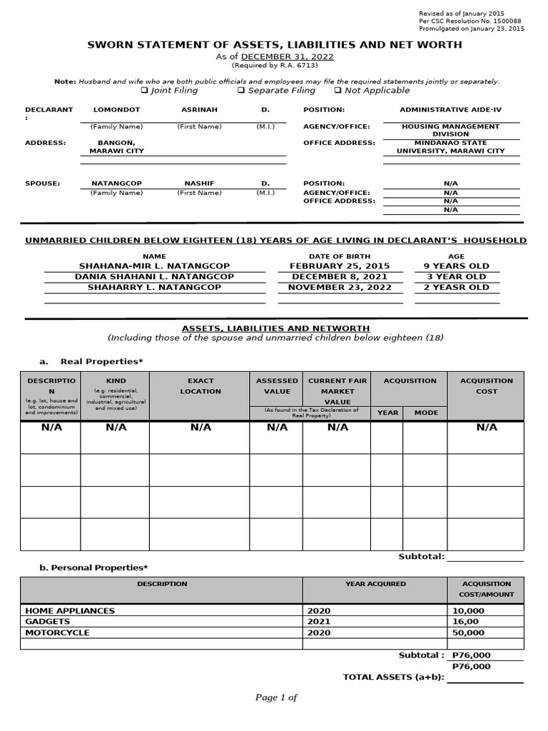 2015 Saln Form Ash | PDF | Affidavit