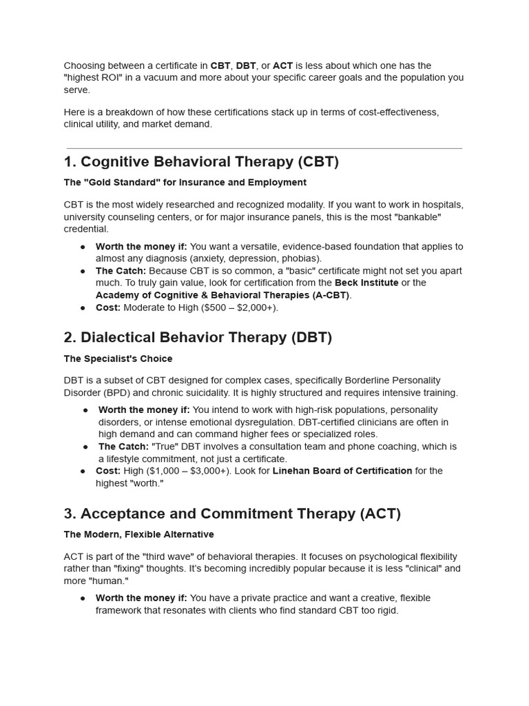 CBT, DBT, ACT | PDF | Dialectical Behavior Therapy | Cognitive ...