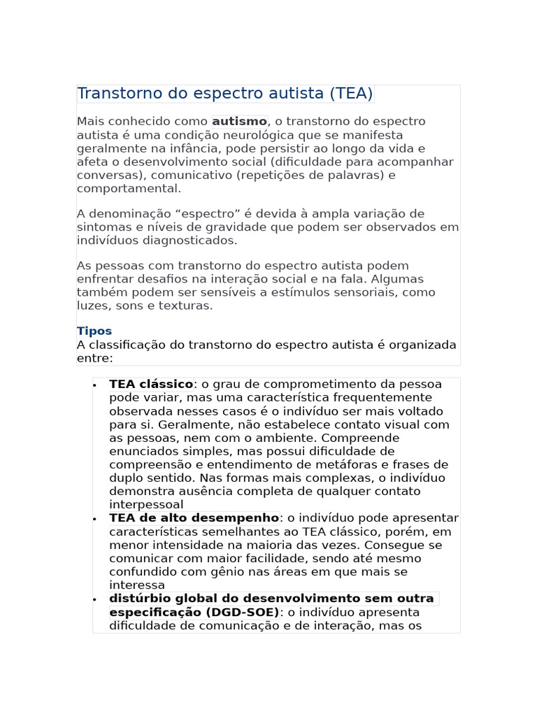 Transtorno Do Espectro Autista | PDF | Autismo | Distúrbio mental