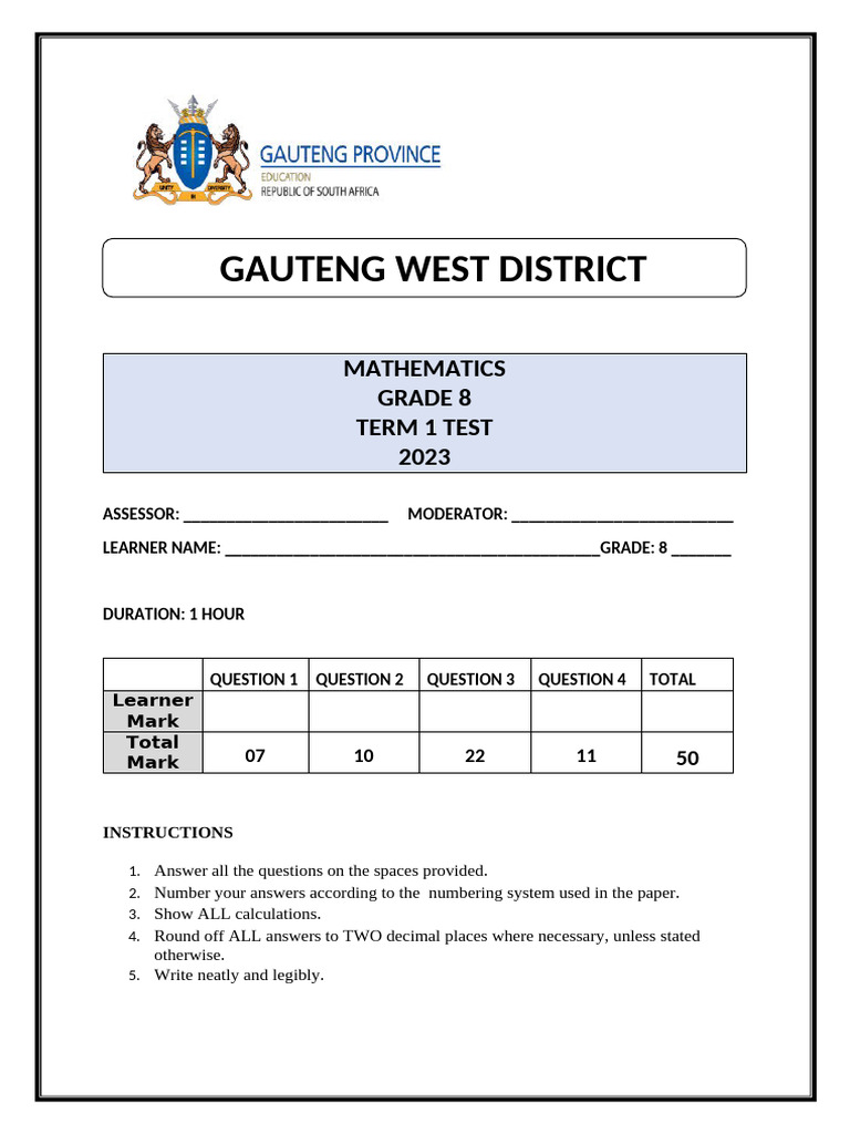 GW Grade 8 Mathematics Test Term 1 2 | PDF | Square Root | Elementary ...
