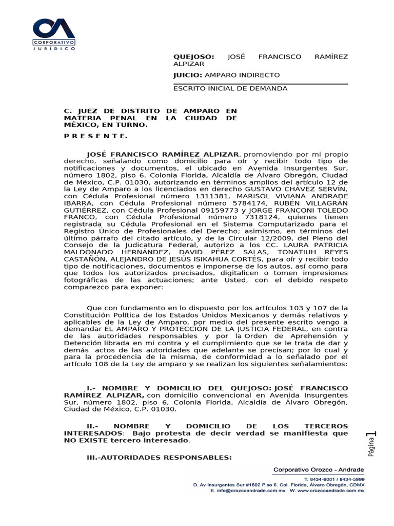 DEMANDA AMPARO INDIRECTO Orden de AprehensiÃ N Ok | PDF | Violación ...