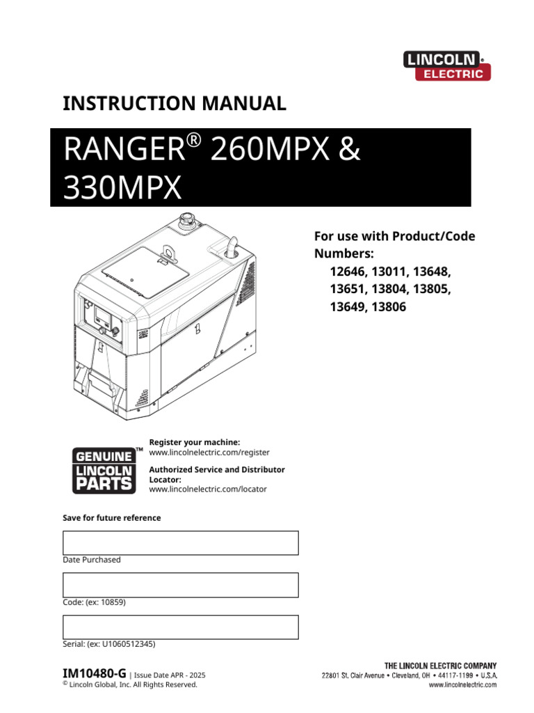 Instruction Manual - Lincoln Ranger 330MPX Welder - Product Code