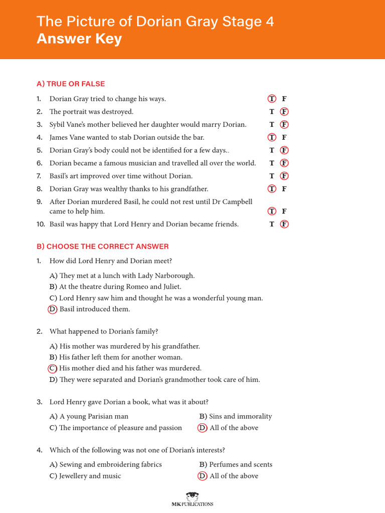The Picture of Dorian Gray Stage 4 - Answer Key | PDF | The Picture Of ...