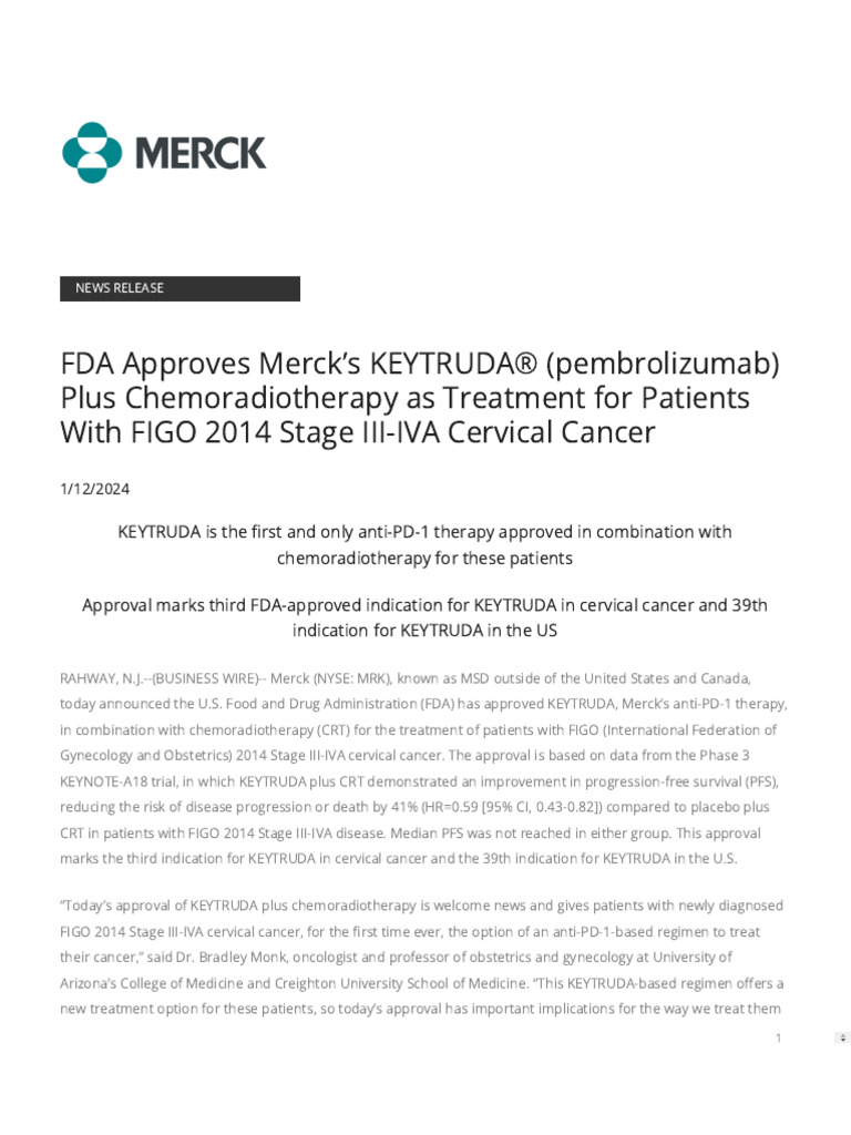 Merck FDA Approval KEYTRUDA | PDF | Cervical Cancer | Medical Specialties