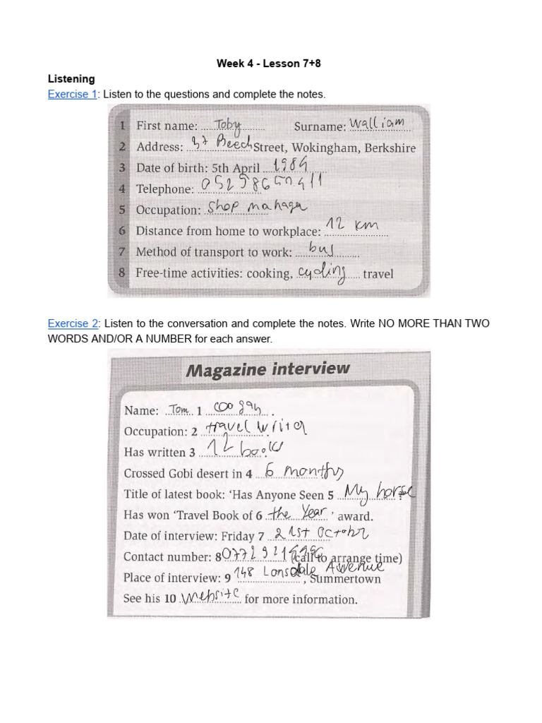 Exercise 1:: Listen To The Questions and Complete The Notes | PDF