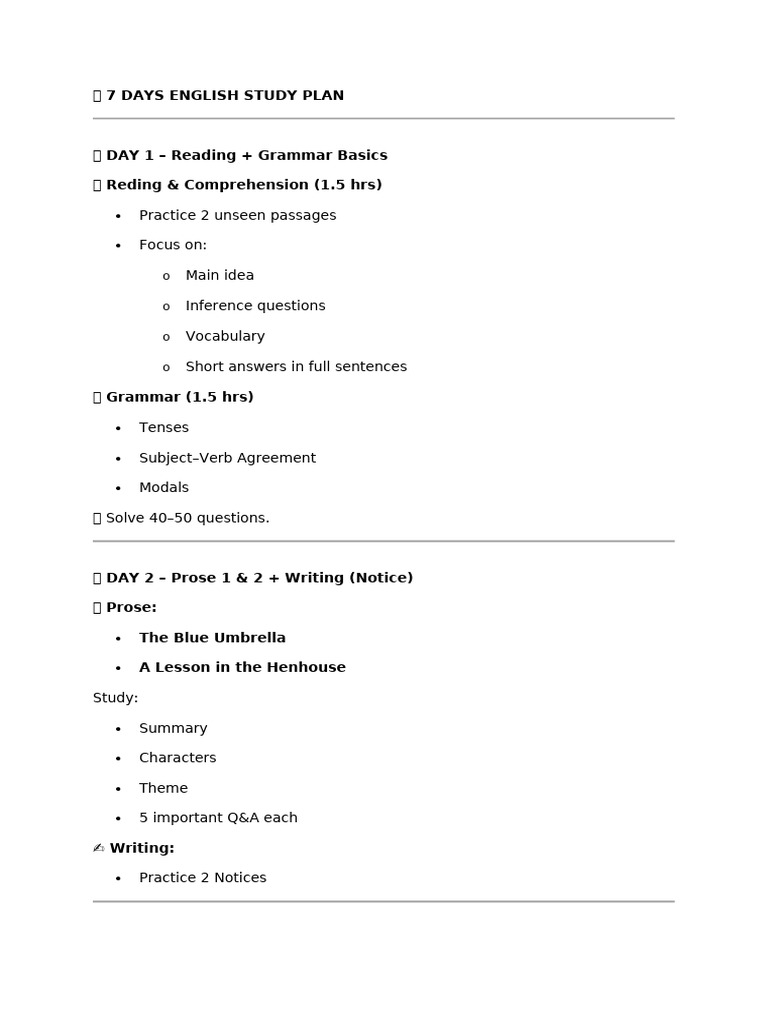 ? 7 Days English Study Plan | PDF | Equations | Algebra
