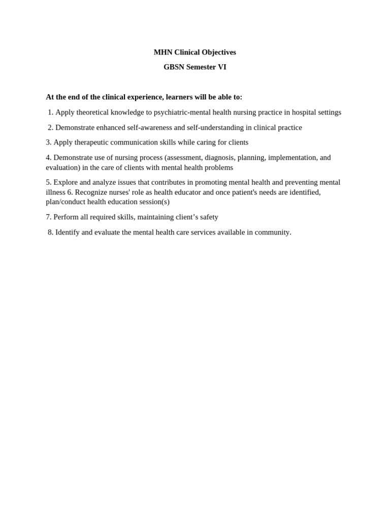 MHN Clinical Objectives | PDF