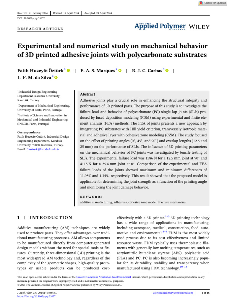 J of Applied Polymer Sci - 2024 - Öztürk - Experimental and Numerical ...