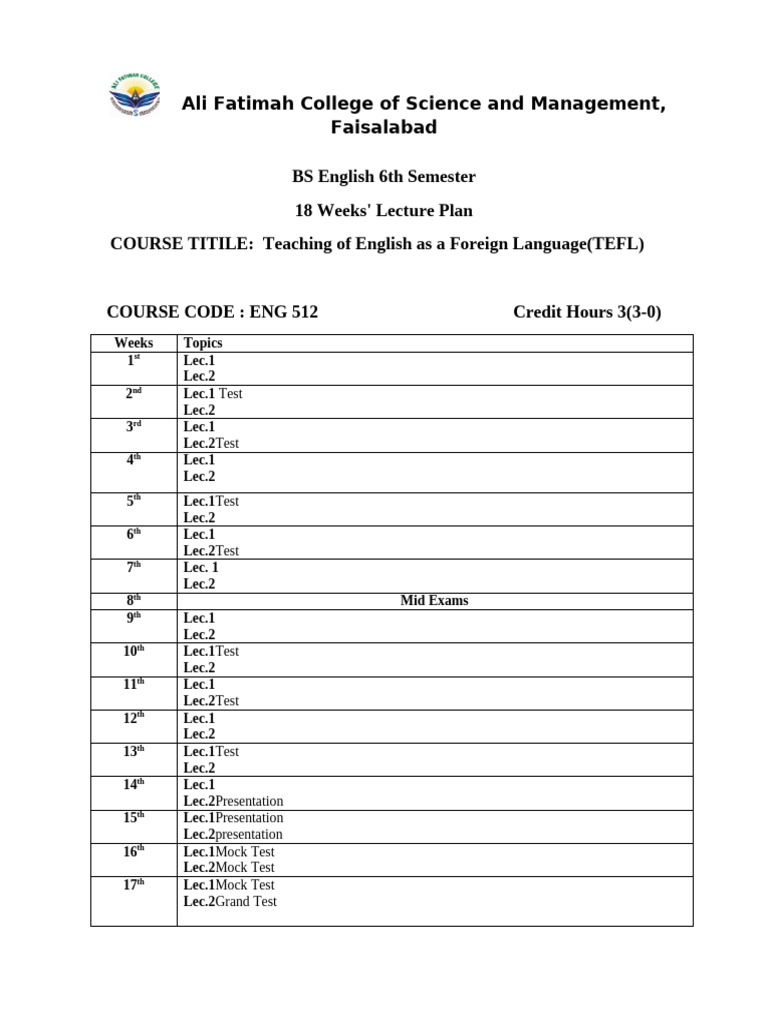 18 Weeks Lecture Plan Sample | PDF