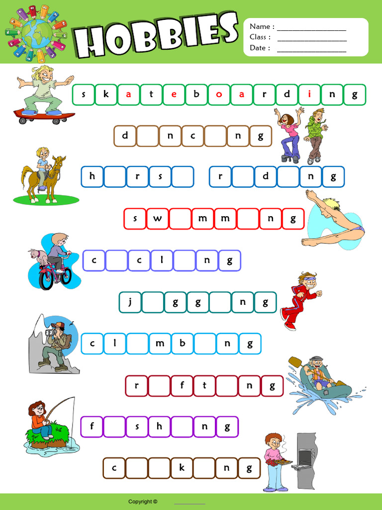 Hobbies Esl Vocabulary Missing Letters in Words Worksheet For Kids | PDF