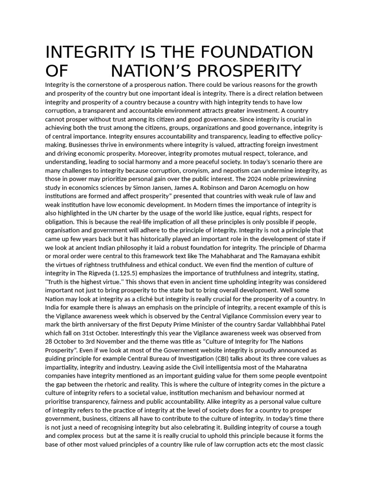 Integrity Is The Foundation of Nation | PDF | Integrity | Corruption