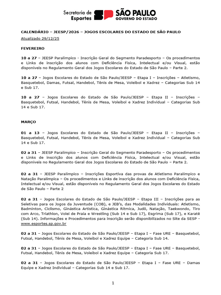 Calendário JEESP/2026 Jogos Escolares Do Estado de São Paulo | PDF ...