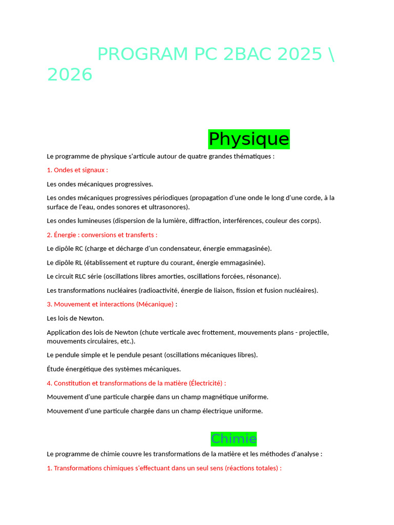 Program PC 2bac 2025 | PDF