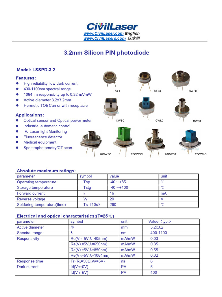 400-1100nm 3.2mm Silicon PIN photodiode | PDF | Electromagnetic ...