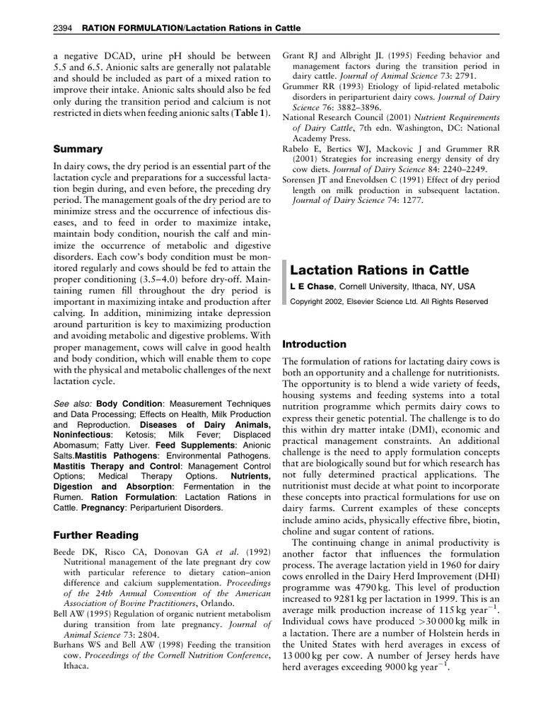 Pages 2394-2400 RATION FORMULATION Lactation Rations in Cattle | PDF ...