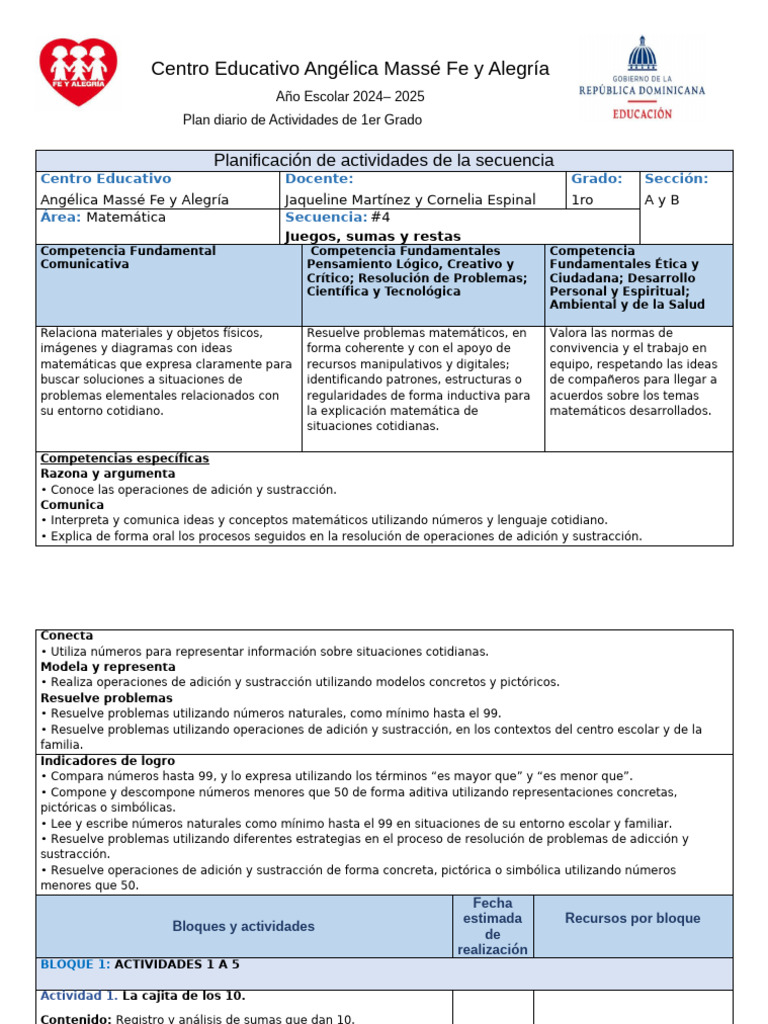 Secuencia 4 Matemática Juegos Suma y Resta Primer Grado | PDF ...