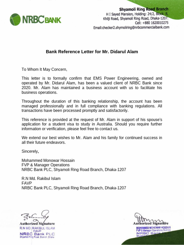 Bank Reference Letter For MR | PDF