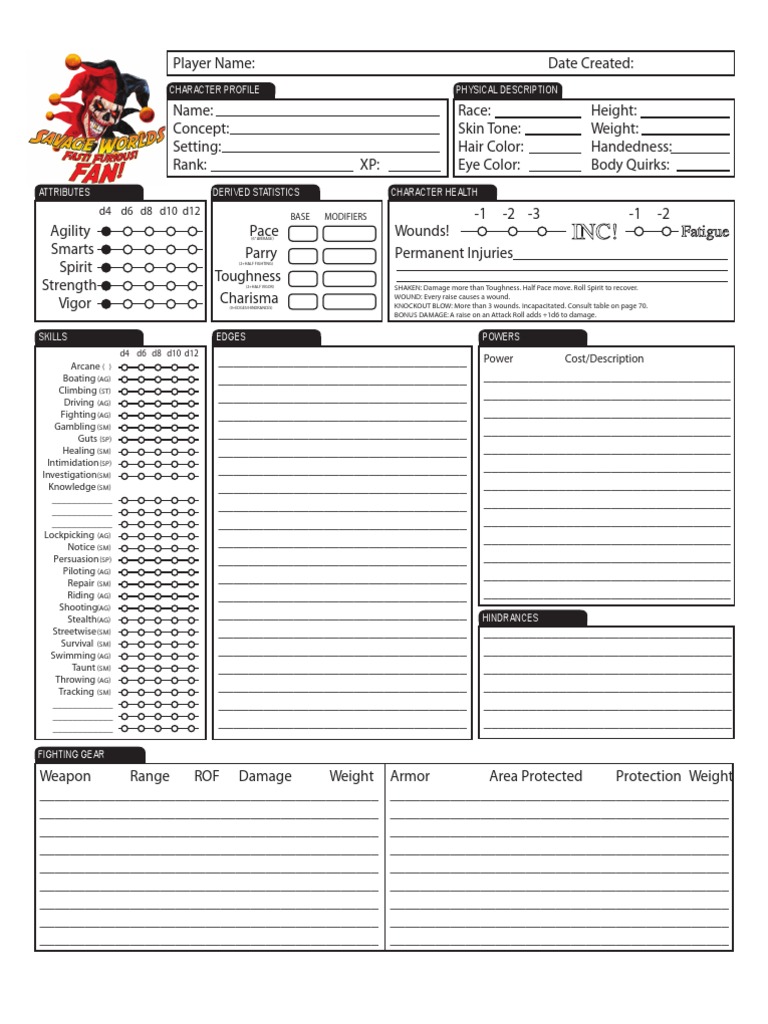 Savage Worlds Character Sheet 4 Pages On 8.5